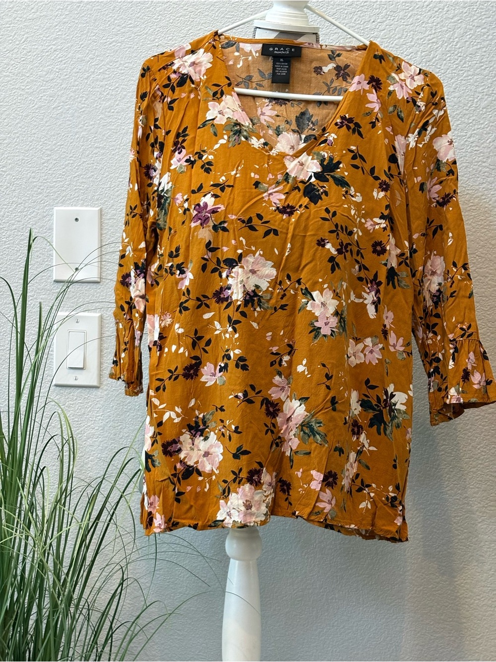Grace Elements Mustard Floral V-Neck Blouse with Pink & Green Blossoms
